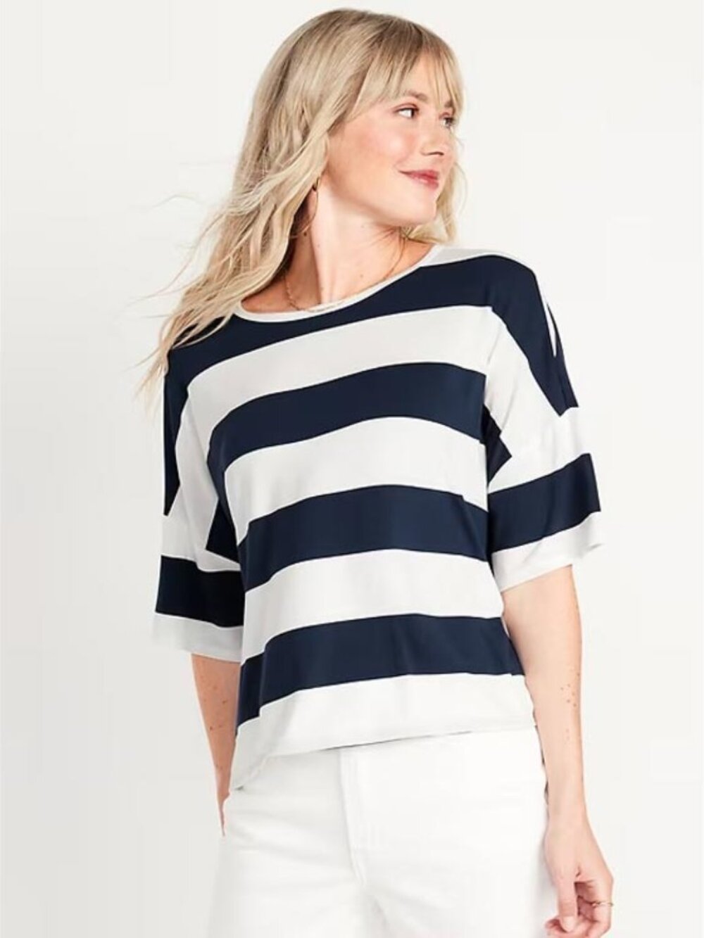 Navy Blue and White Vintage Crew-Neck Striped Short Sleeve T-Shirt by Old Navy